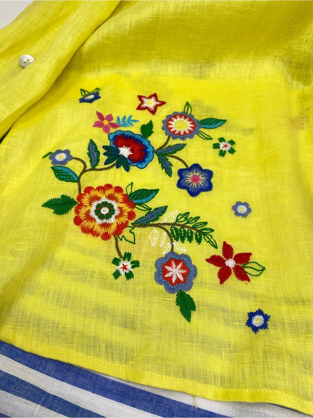 John Mark Blouse Top Linen Yellow Embroidered Mixed Media with Blue Striped Hem - Picture 9 of 13
